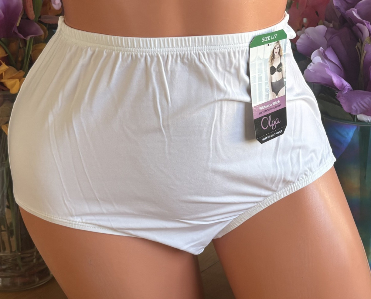 Olga 7/Large WHITE Without A Stitch Silky Full Brief Panties #23173 NWT NEW