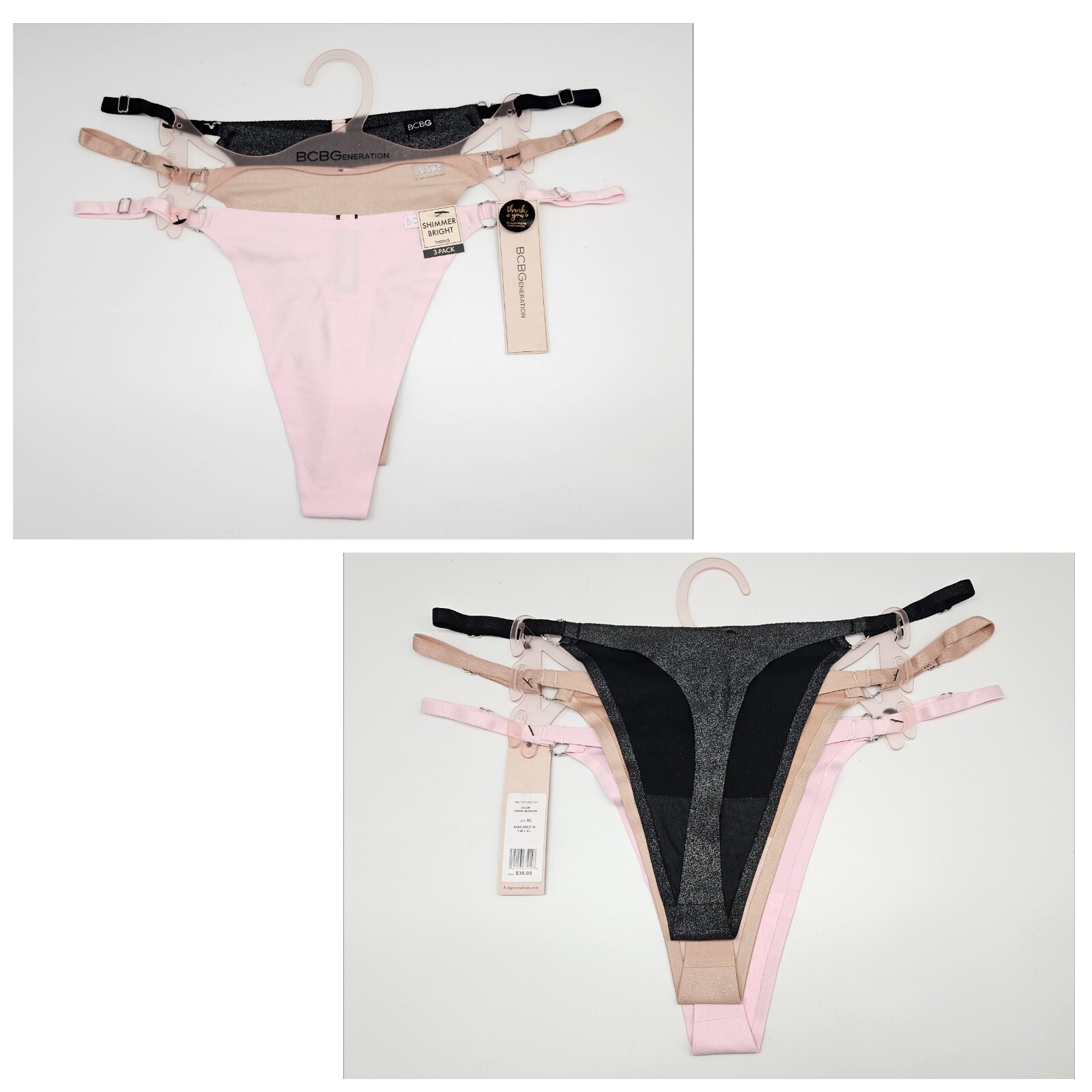 BCBGeneration 3 Pack Women’s S M L XL Shimmer Thong Panties Gray Beige Pink