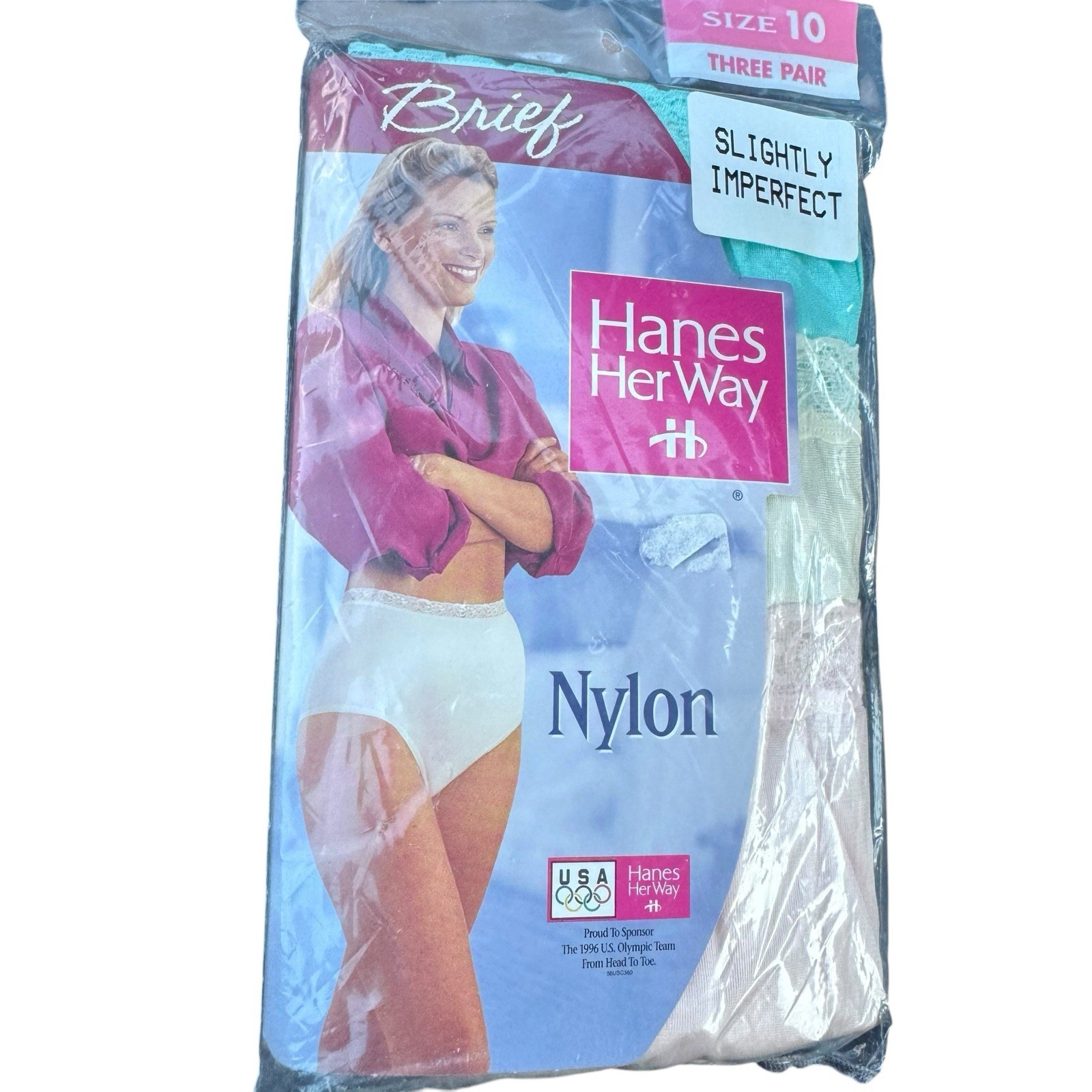 Vintage HANES HER WAY Nylon Briefs Sz 10 Color Lace Trim 90’s PANTIES Silky NOS
