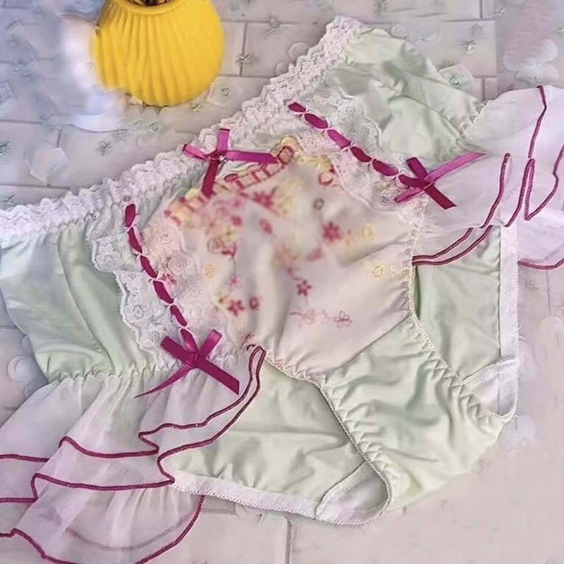 Elegant Womens Bow Panties Briefs Princess Ruffles Underwear Embroidery Knickers