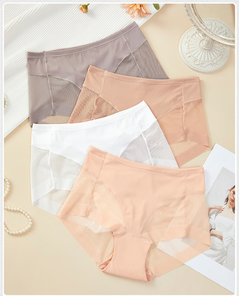 Women High waist Briefs Mesh Solid Ultra-thin Sexy Plus Size Underpants 91431