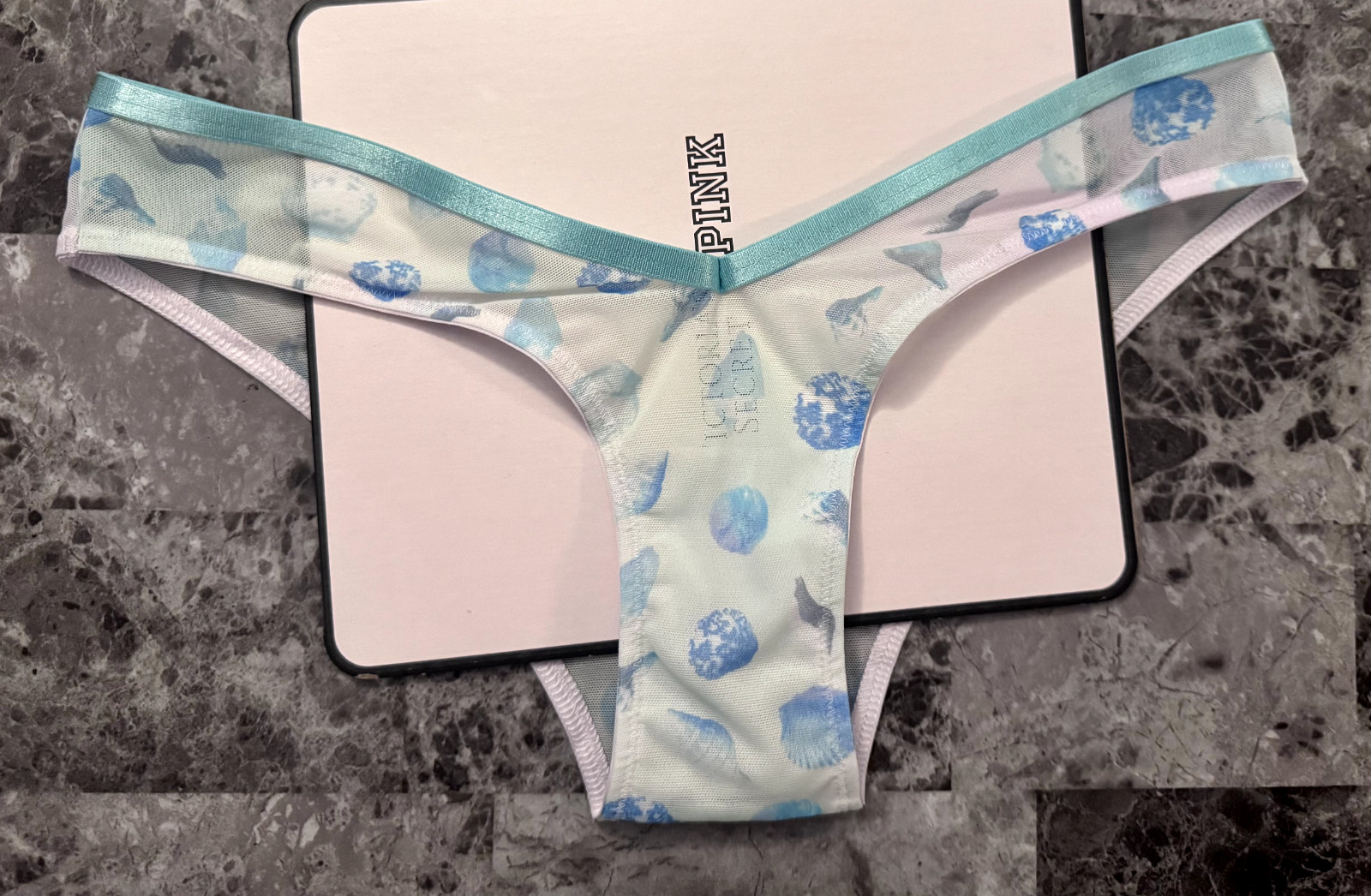 NWT VICTORIA’S SECRET PINK GREEN BLUE SEASHELL MESH V STYLE TANGA CHEEKY PANTIES