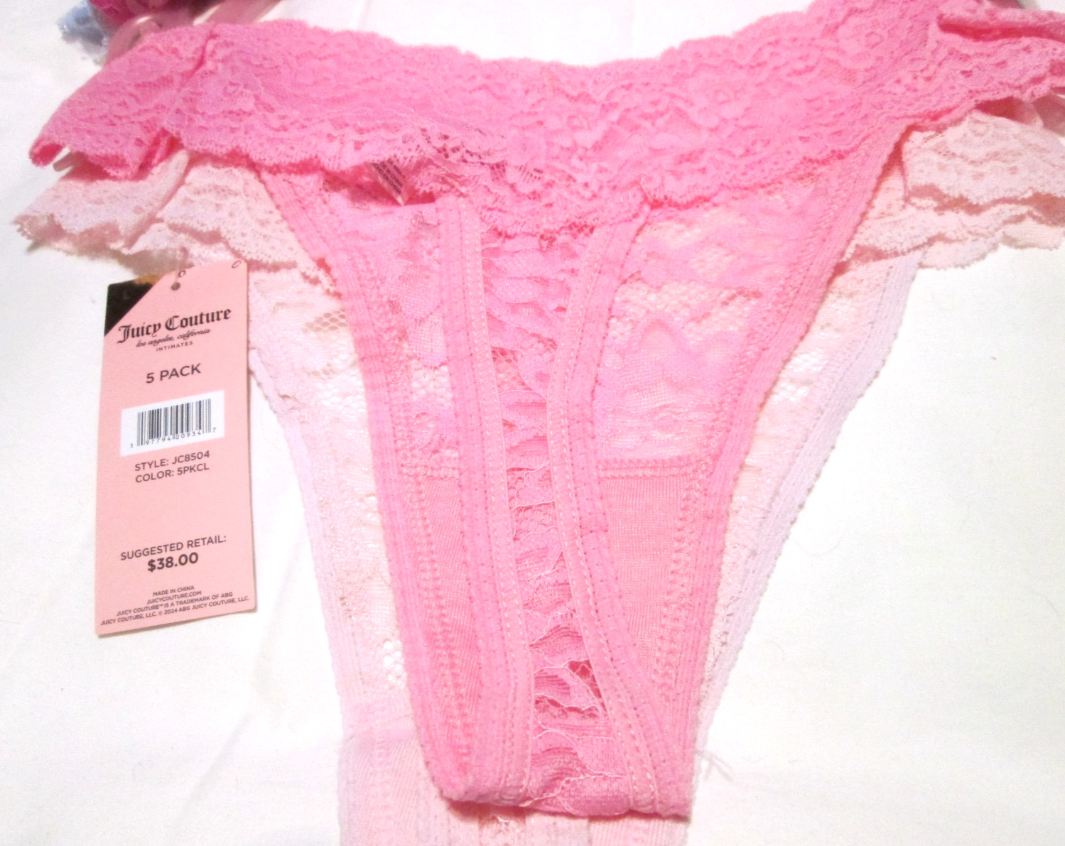 JUICY COUTURE Women’s SZ L- 5Pk Lace Logo Thong Panties Black /BLUE & pinks-NWT