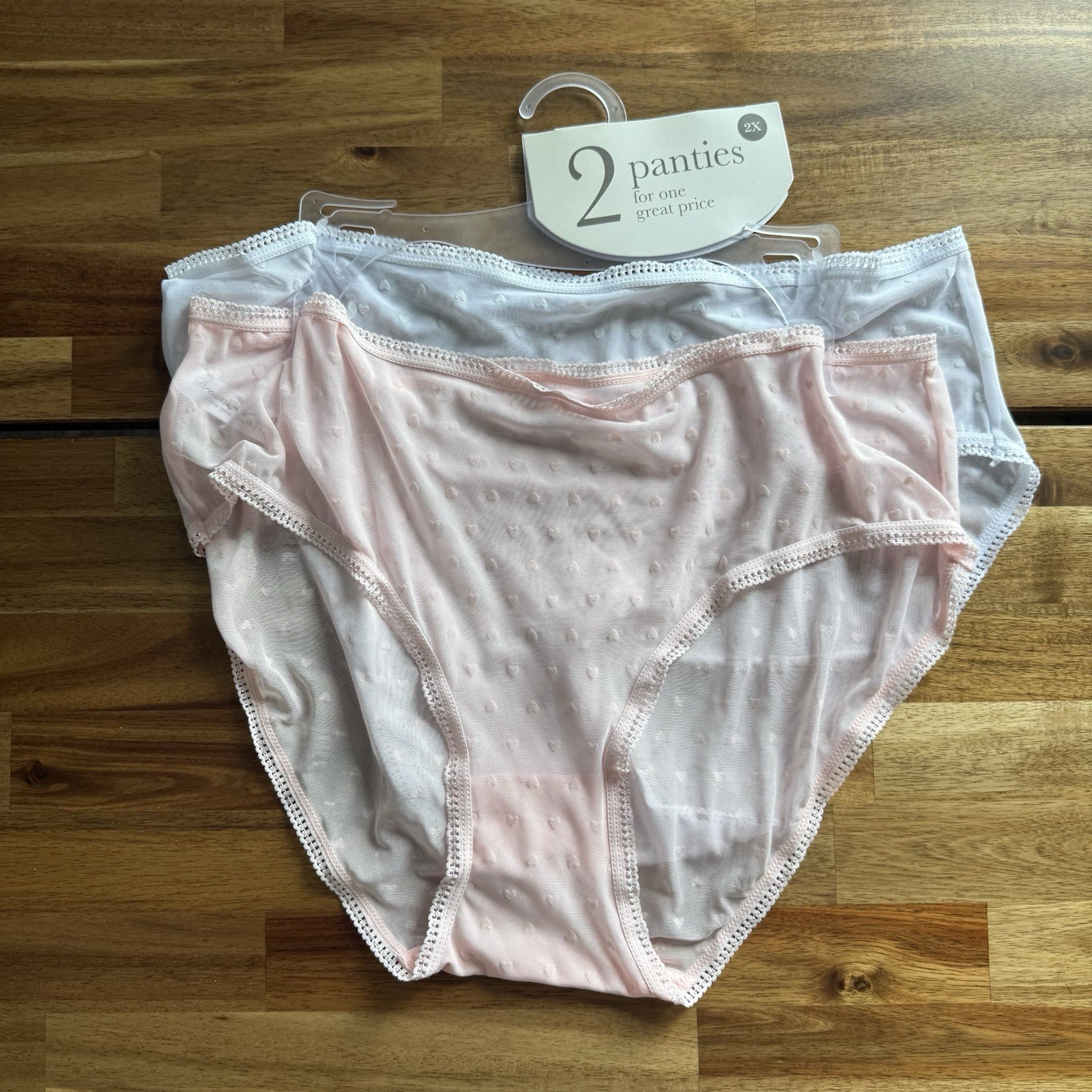 NEW Dreamwear Panties Sheer Pink White Sheer Lace Hearts Women’s 2X Pack Of 2