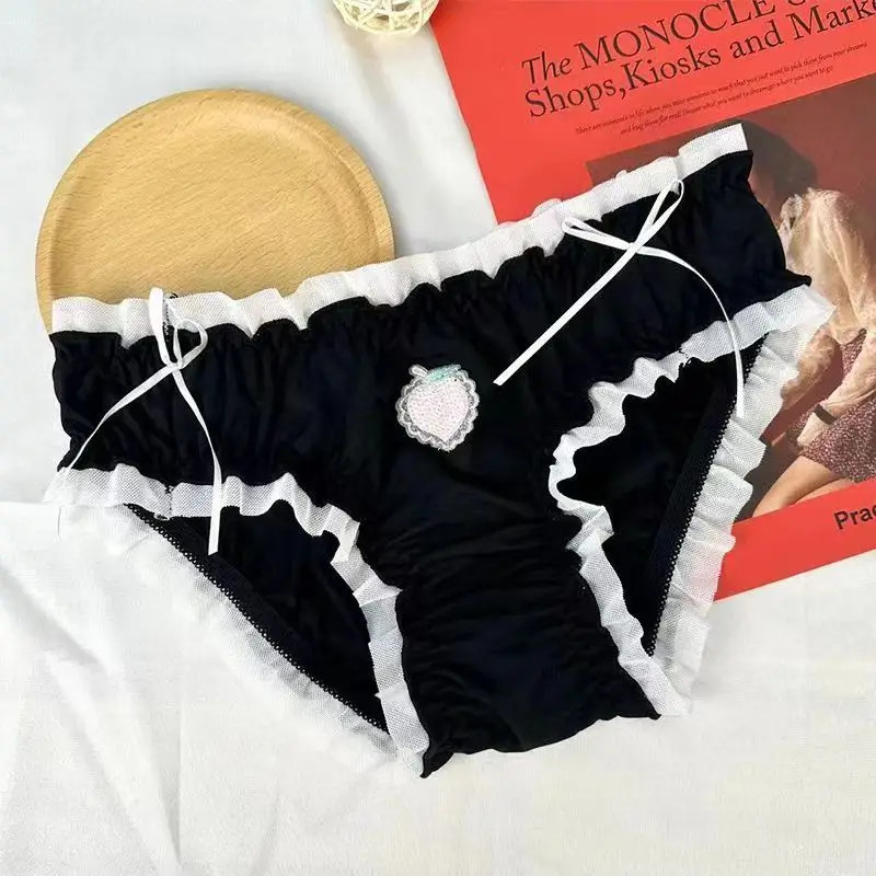 Strawberry Panties Women Satin Sweet Ruffle Briefs Cute Peach Kawaii Underwear