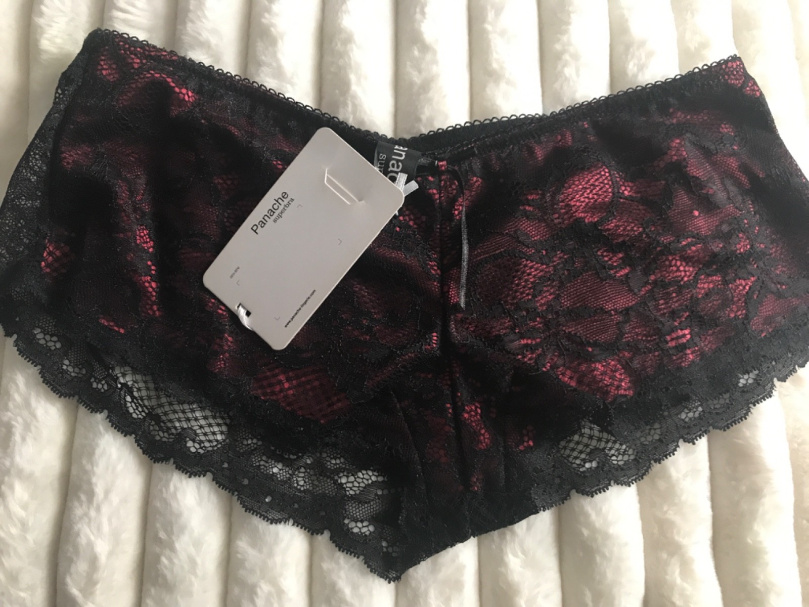 Panache black burgandy lace back Brief black lace NEW UK semi sheer small new