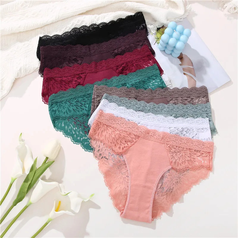 4PCS/Set Sexy Perspective Women Back Lace Panties Patchwork Cotton Underpants.