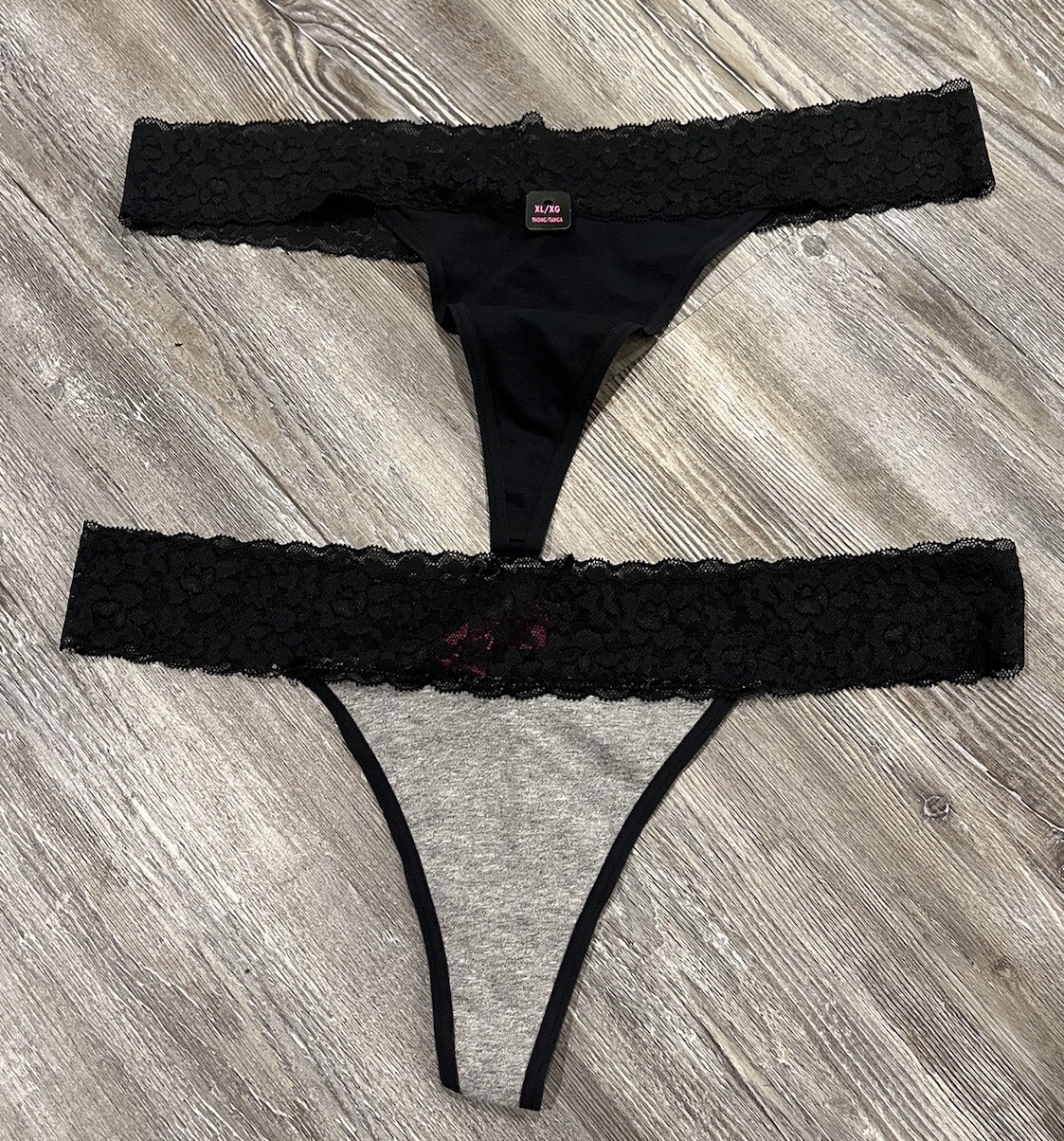 NWT La Senza Women’s Solid Black / Black & Gray Floral Laced Thongs Set Of 2 XL