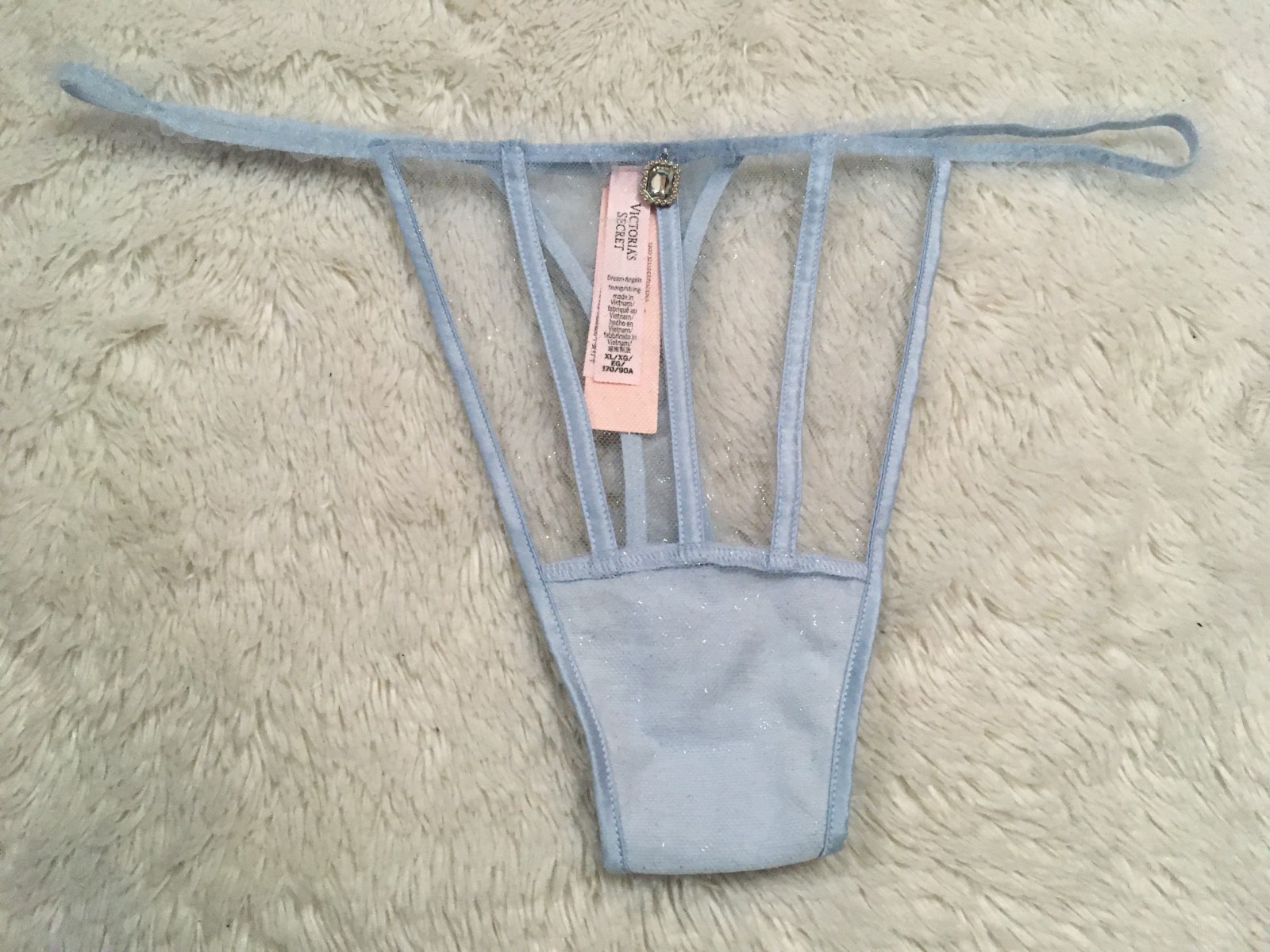 XL VICTORIA’S SECRET Dream Angels CAMEO Blue Glitter Tulle Sheer THONG Panty