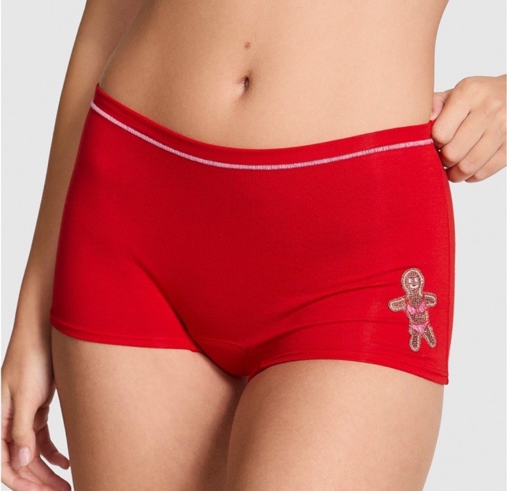 PINK VICTORIA’S SECRET Cotton Dorm Boyshort Red Gingerbread Embroidery Patch M