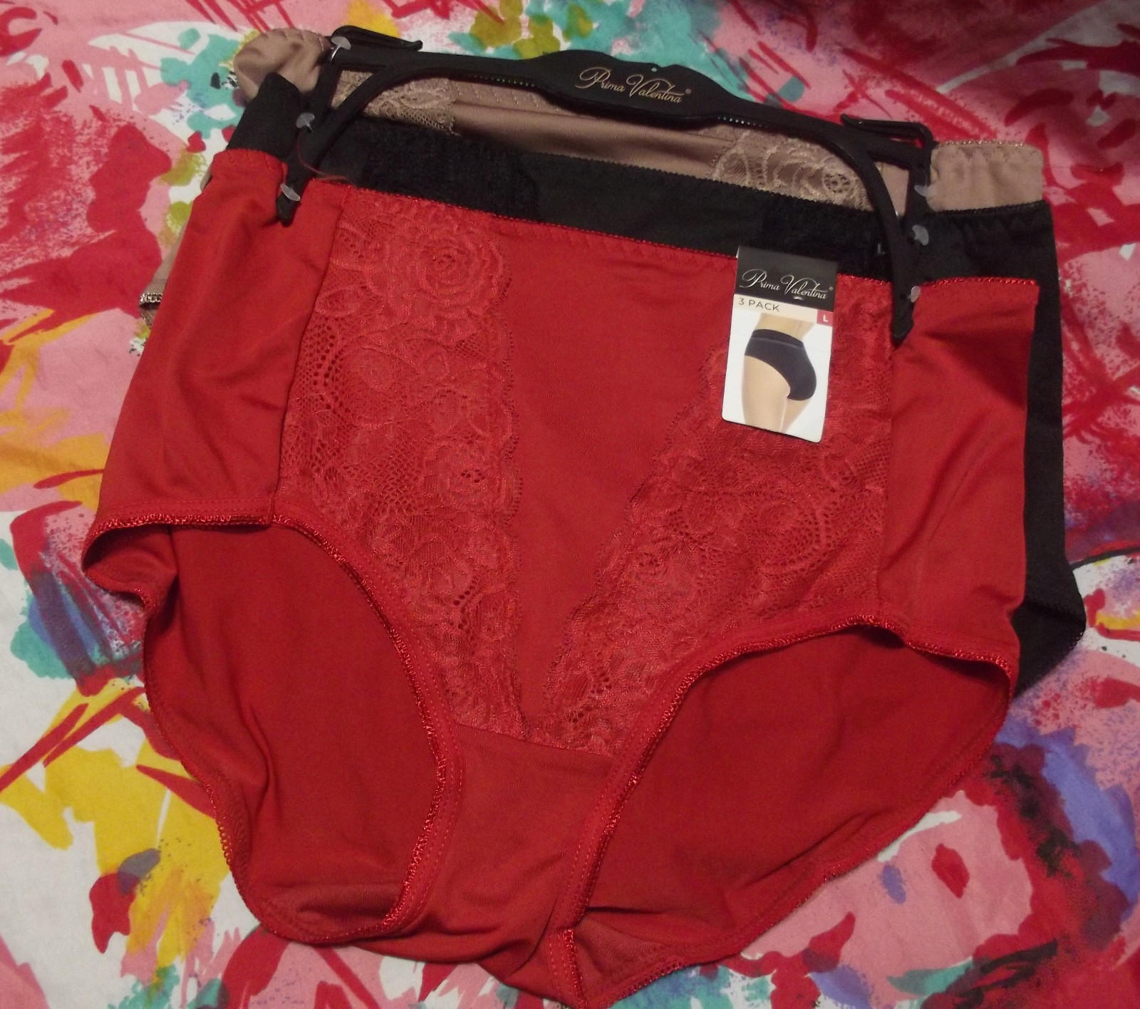 3 NEW PRIMA VALENTINA 871419 DRD/BK MICROFIBER LACE TRIM BRIEF PANTIES L