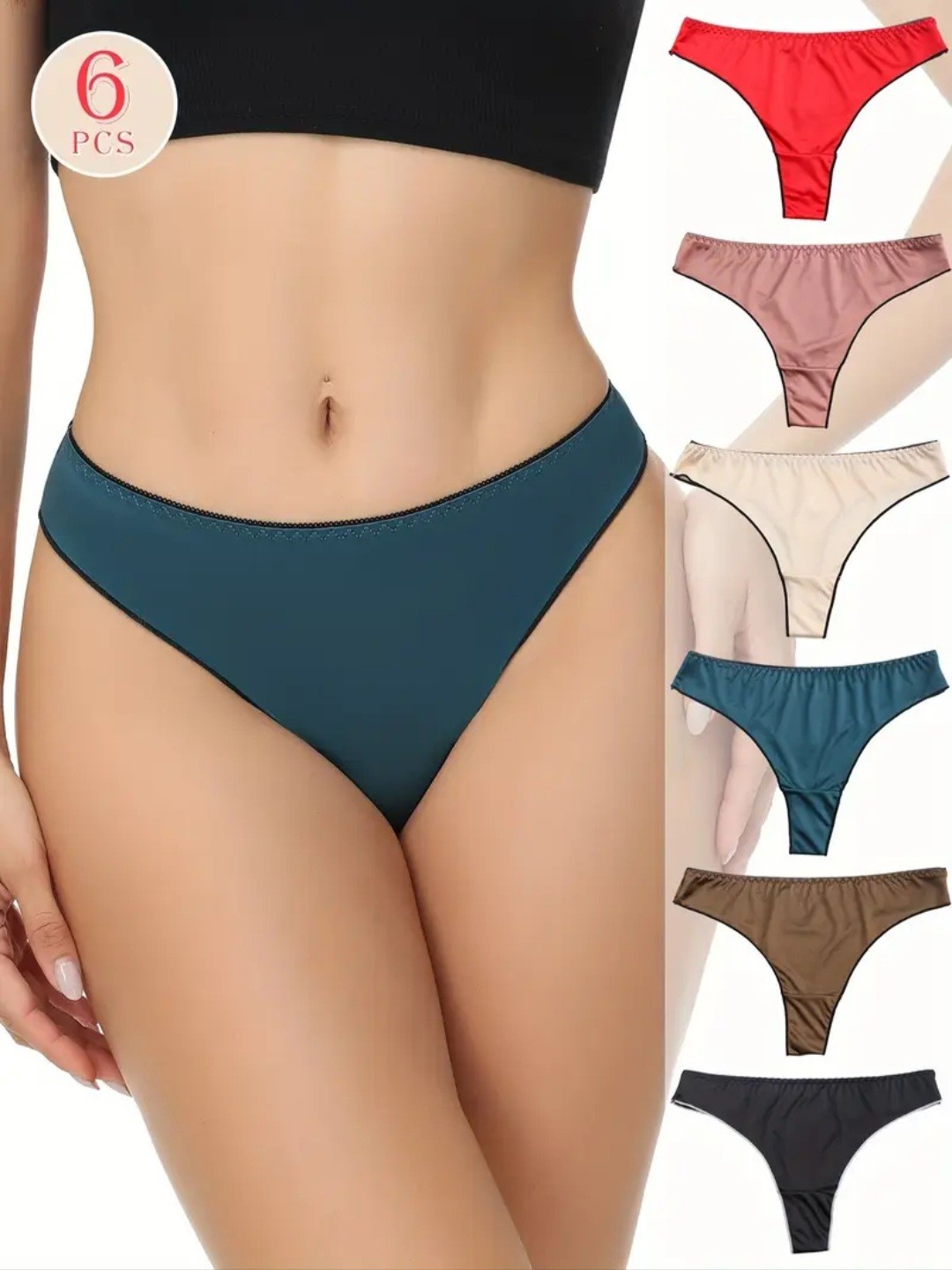 6 Pcs Satin Silky Thongs G String Women’s S M L XL Black Brown Red Pink Cream