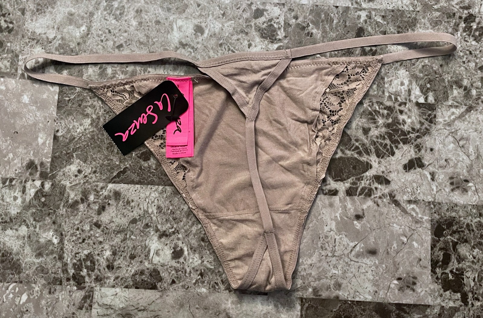 NWT LA SENZA LARGE TAUPE MODAL BLEND LACE RARE V STRING PANTIES