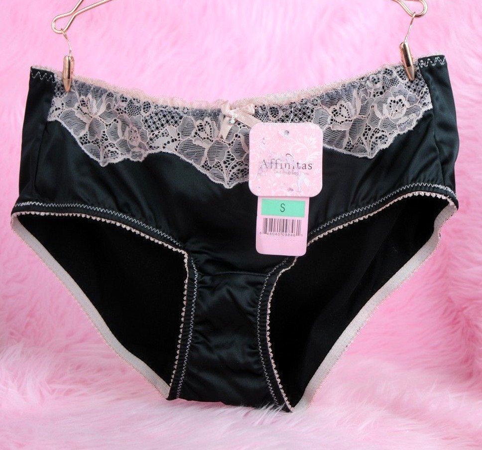 Affinitas Exotic Satin Silky Smooth SHINY French Lace Sissy BLACK panties sz S