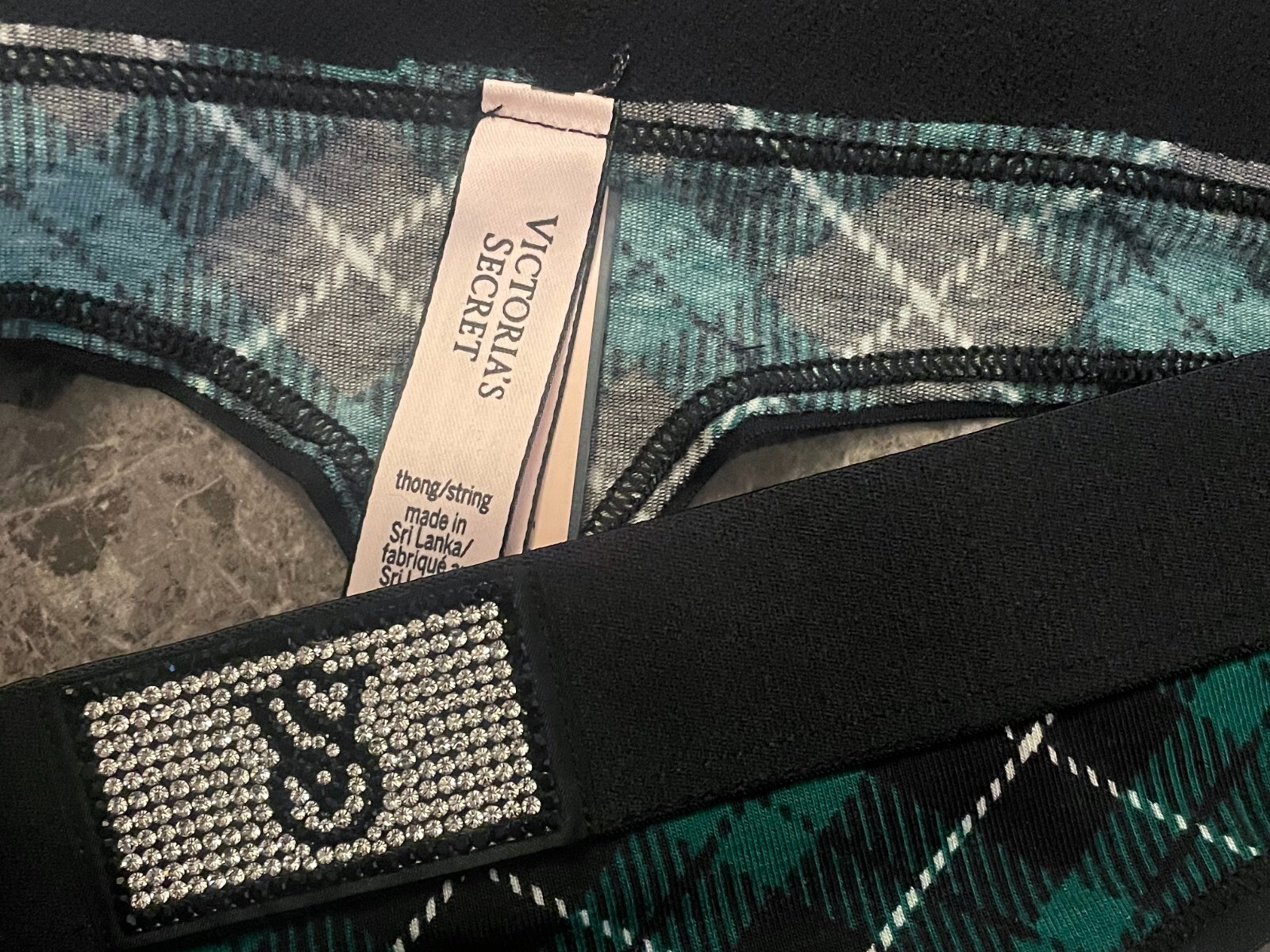 NWT VICTORIA’S SECRET XS GREEN PLAID RHINESTONE SHINE THICK BAND THONG PANTIES