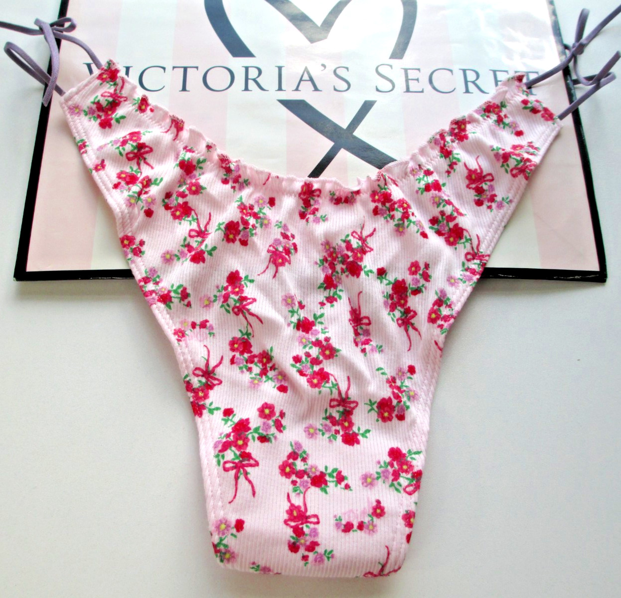 VICTORIA’S SECRET PINK Cotton High Leg Thong Panty S M L XL Tie Bow NWT Ruffle