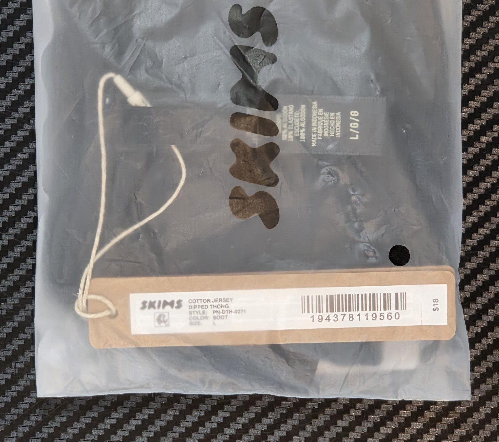 Skims Women’s Size Large Cotton Jersey Dipped Thong in Soot Color #PN-DTH-0271