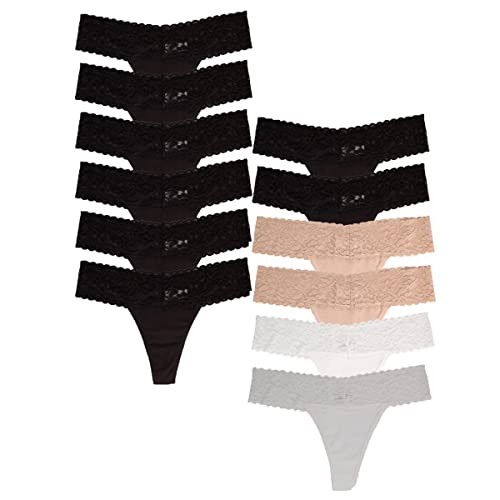 Lace Thongs for Women – 6 or 12 Pack Low Rise Large 6pk Black, 6pk Neutral