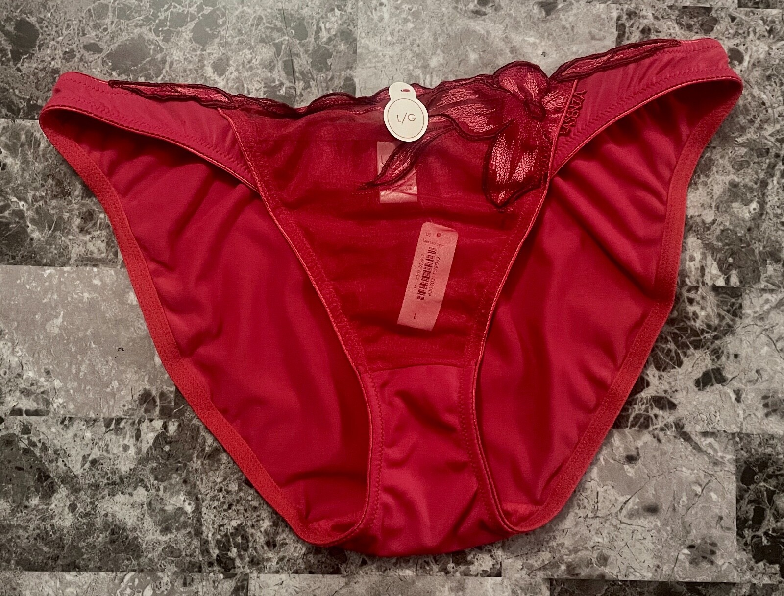 NWT LA SENZA LARGE RED MESH SHEER EMBOIDERED FLORAL SMOOTH BIKINI PANTIES