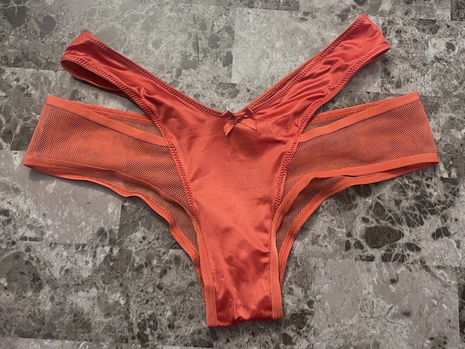 VICTORIA’S SECRET S RUST ORANGE SATIN SMOOTH STRAPPY MESH RARE CHEEKY PANTIES