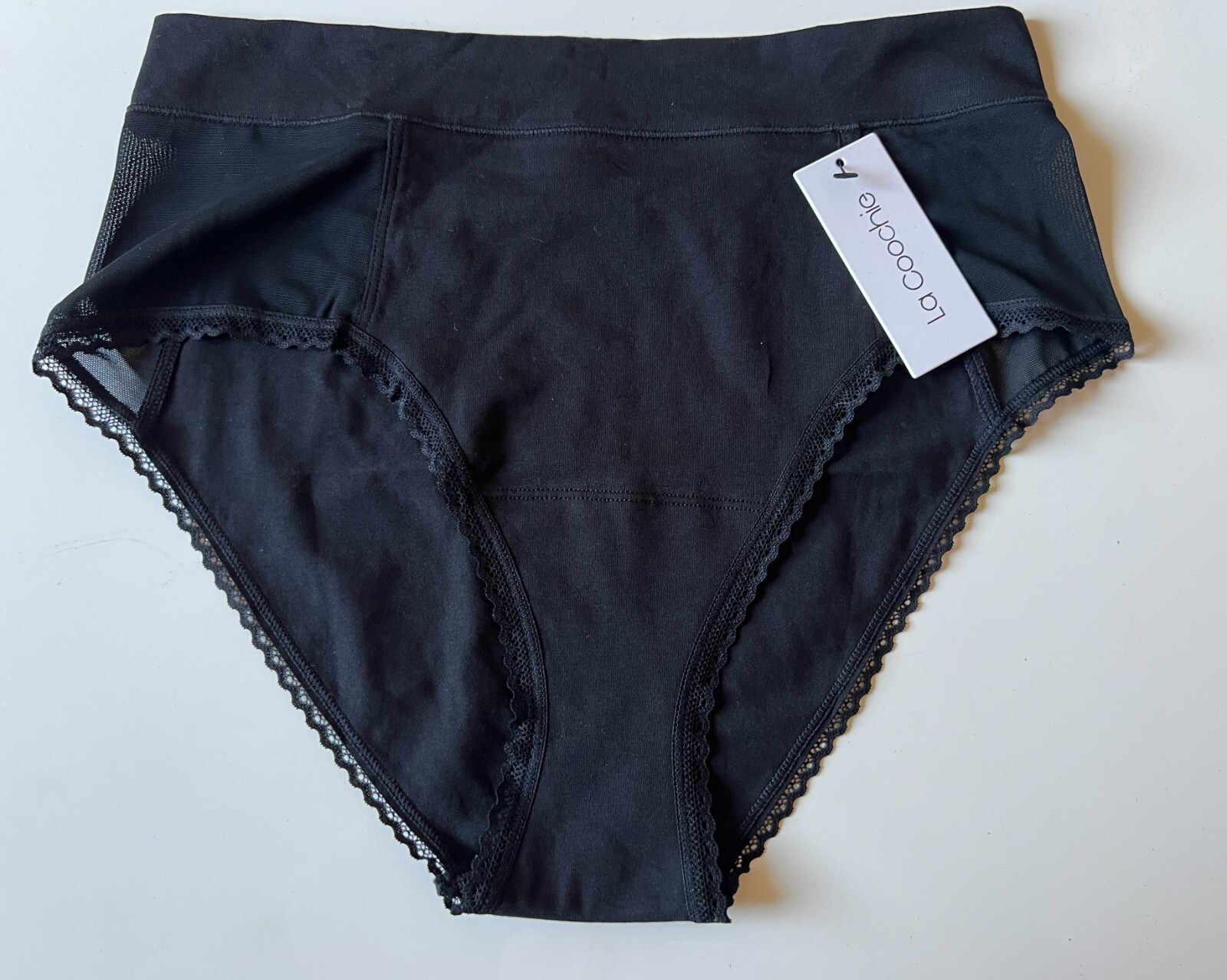 La Coochie Bikini High Rise Brief Sz M Organic Cotton Mesh Accent Lace Trim BLK