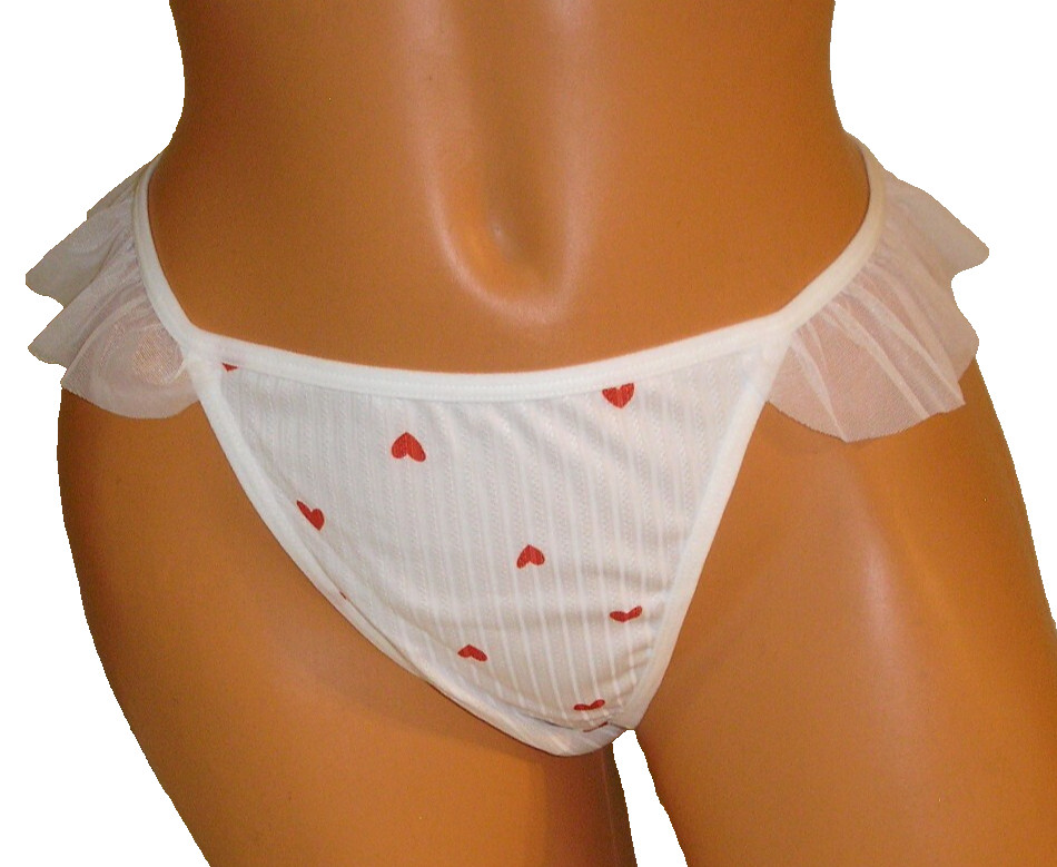 Heart Print Ruffled Sides Keyhole Back White Bikini Panties Lingerie, XL