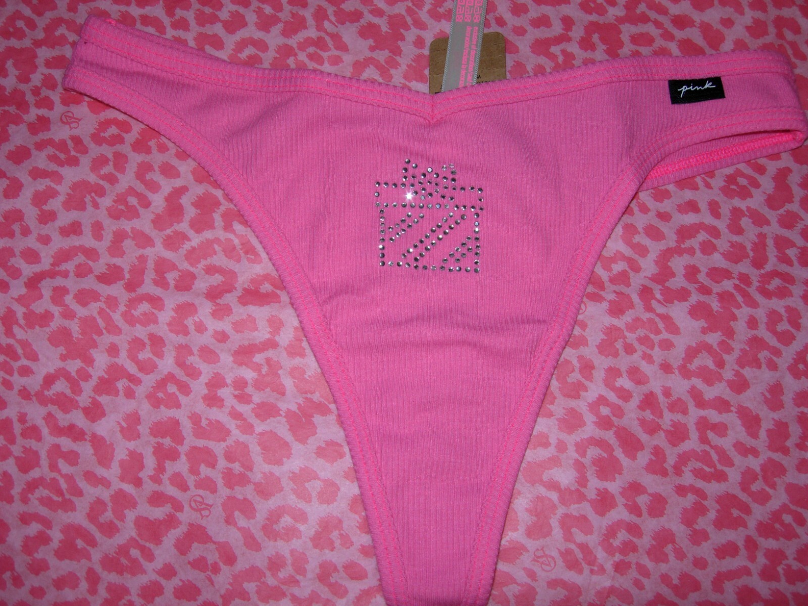 Victorias Secret PINK Sexy Thong String V-Cut LOGO Atomic Pink Bling NWT