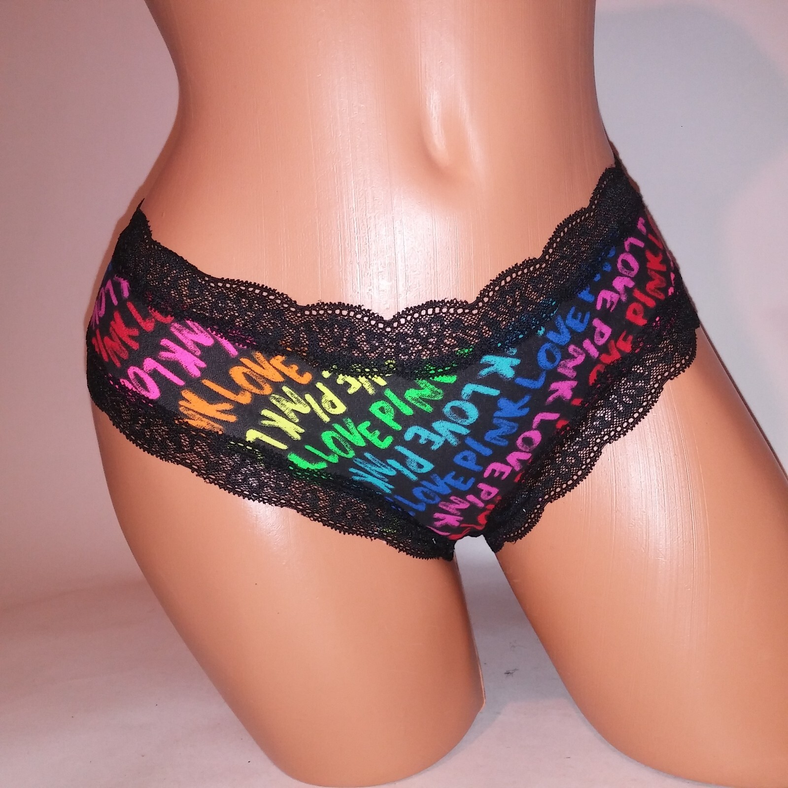 Victoria Secret PINK Panty Cheekster Black Lace Colorful Rainbow Allover Logo