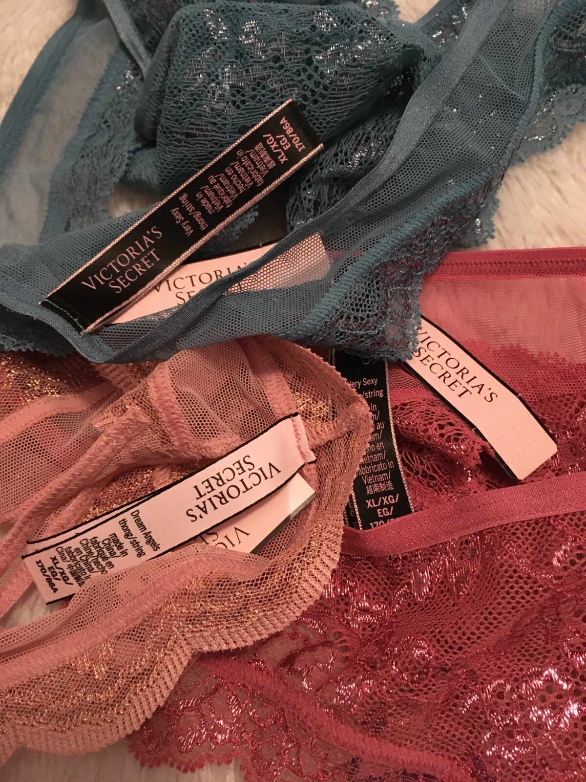 2018 XL VICTORIA’S SECRET Very Sexy THONG Panty Shimmer Lace Set Lot 3 Blue Pink