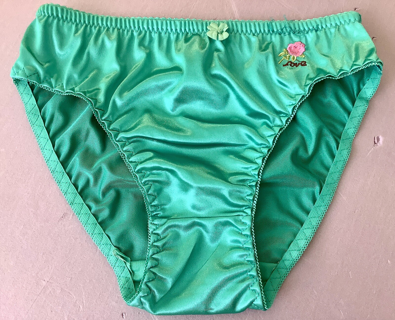 Women Panties Bikinis ANN DIANE Size L. GreenBlue Shiny Satin Soft W/decoration