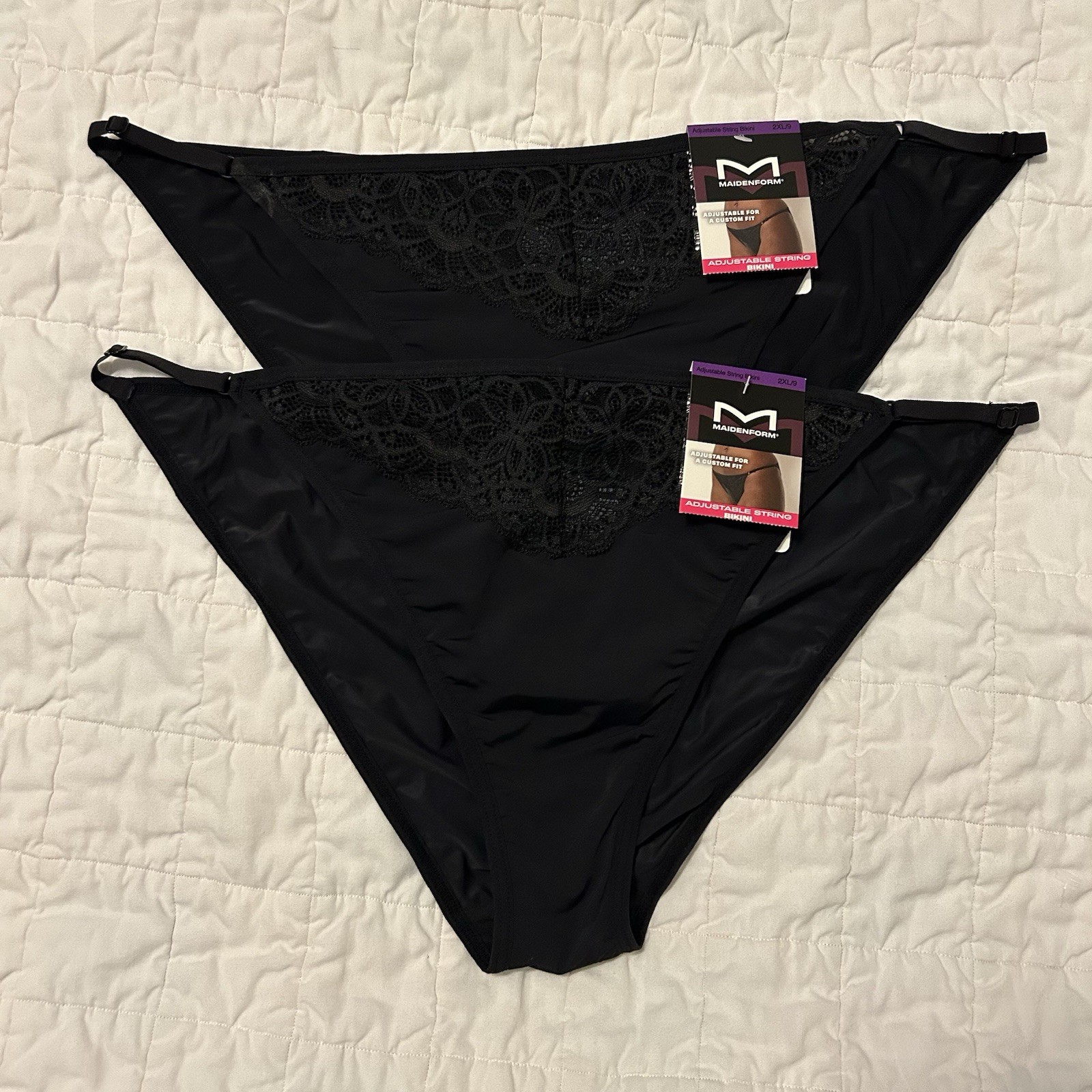 2 New NWT Maidenform Women’s Adjustable Nylon String Bikini Black 2XL/9 2X