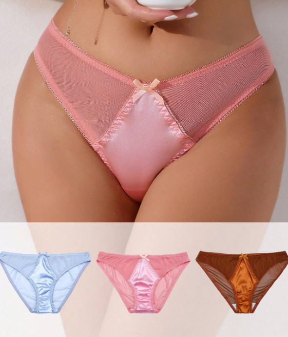 Beautiful patchwork triangle front silky feel / mesh panties soft satin knickers
