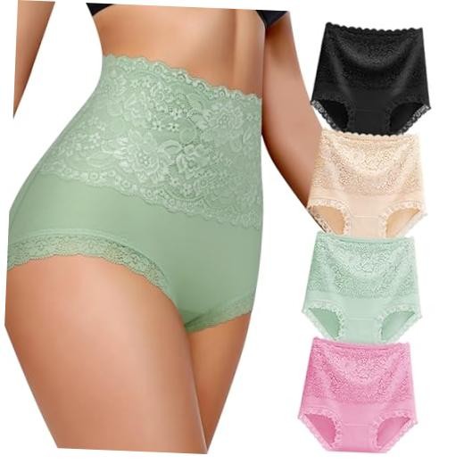 Women High Waisted Cotton Underwear XX-Large 4pcs(black+nude+rose Red+green)