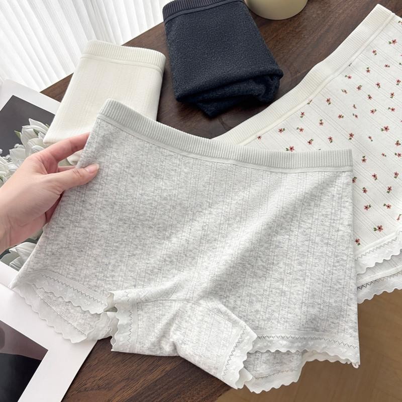 3PCS Women Thin Lace Boxer Underwear Mid Waist Breathable Comfortable Panties Se