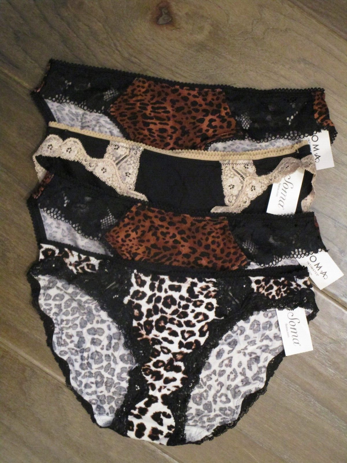 4-PACK SOMA EMBRACEABLE LACE BIKINI PANTIES ANIMAL BLACK/ LEOPARD + SIZE SMALL