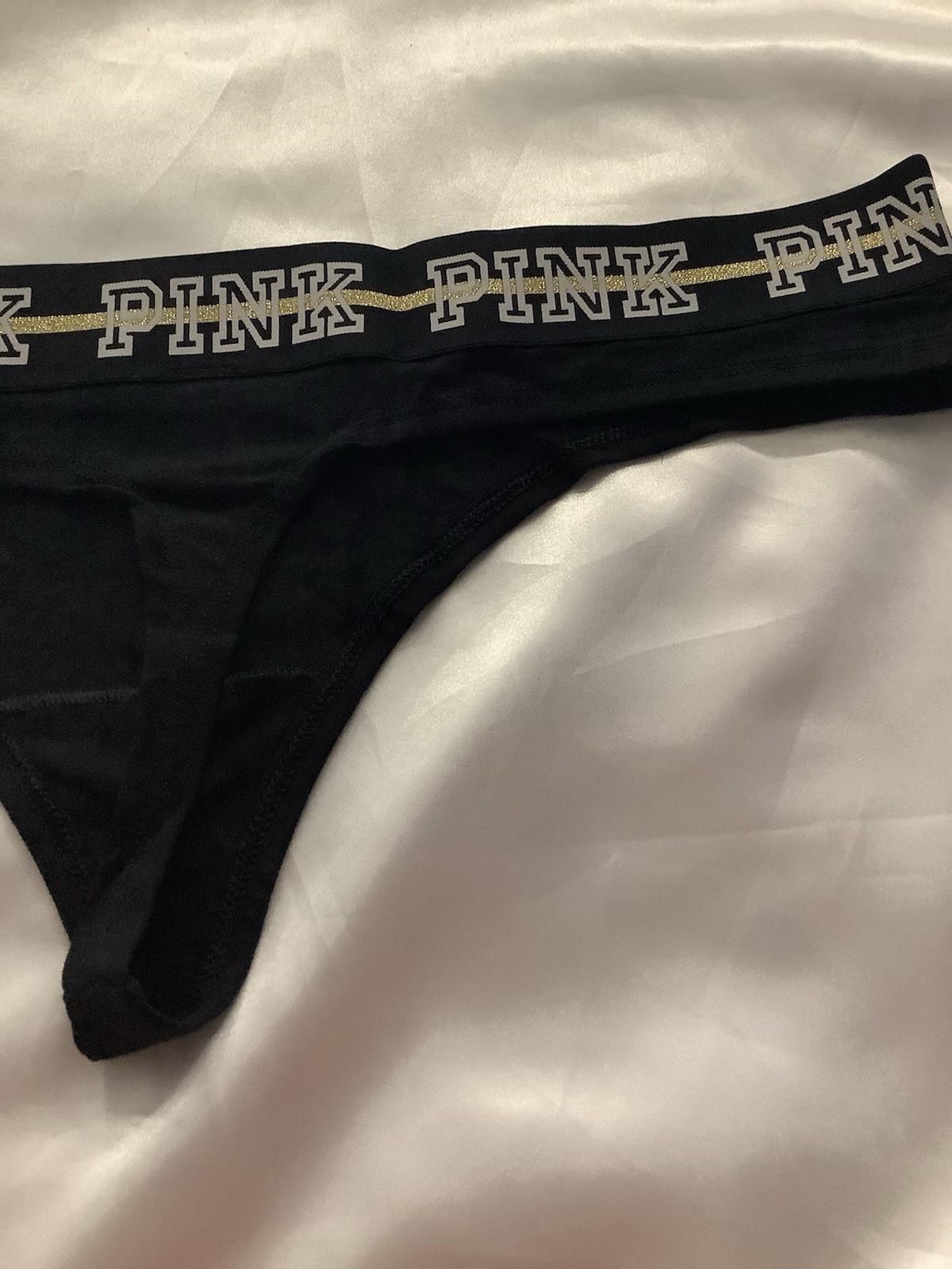 Victoria’s Secret PINK Women’s Thong Panties Black Gold Glitter Logo 1pk Large