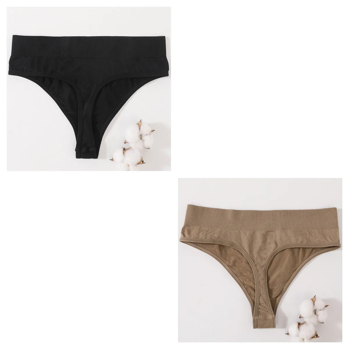 Seamless High Waist Thong Women’s Solid Panties Soft Stretch Underwear 2 Pcs