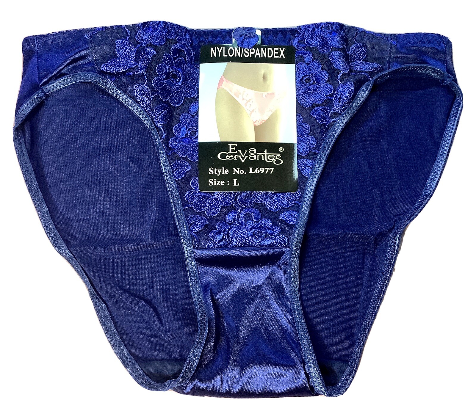 Women Panties,Bikinis “Eva Cervantes” Size L. Blue Satin Floral W/decoration