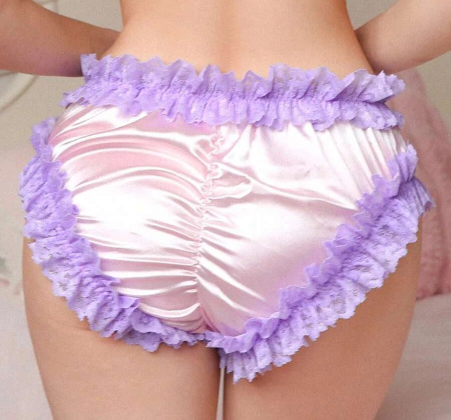 BABY PINK SATIN SISSY PANTIES Ruched Back Lavender Lace Trim Hi Cut Brief XL