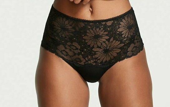 L Black Floral Lace Front NOSHOW Victorias Secret High Waist Midi Brief Panty