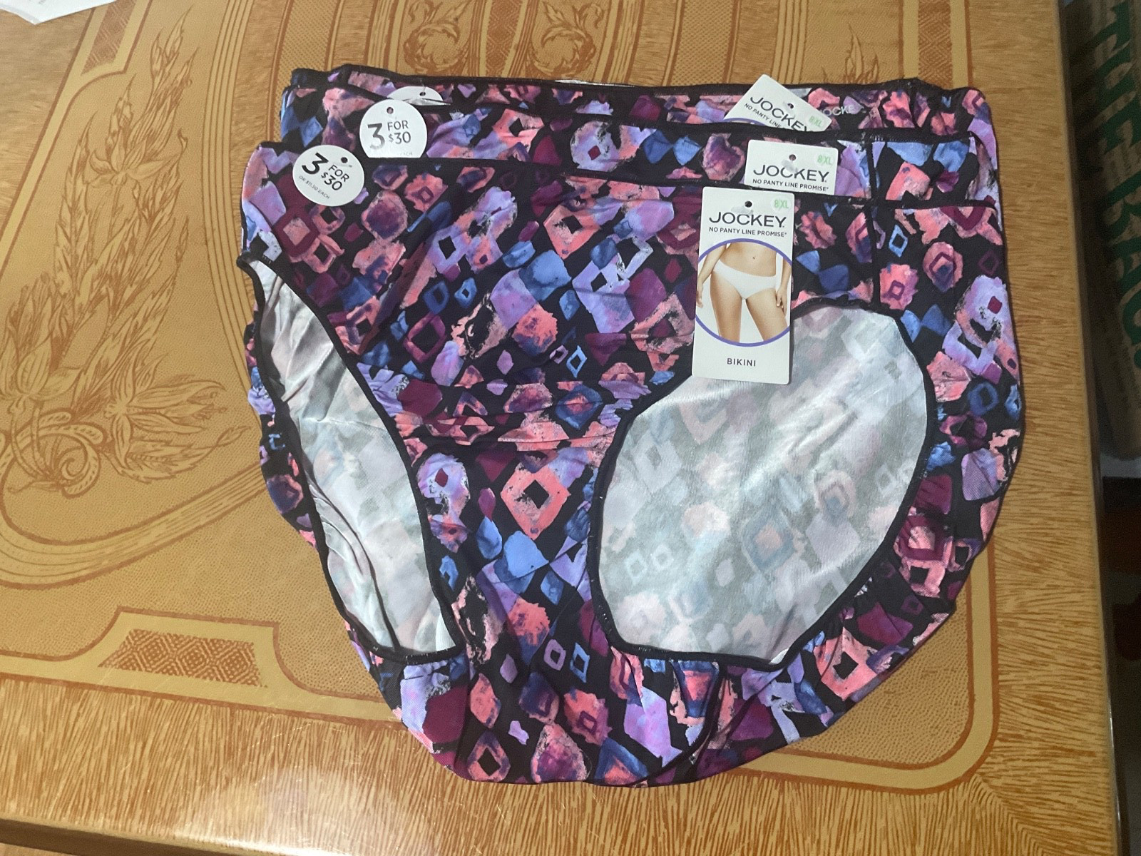 Jockey No Panty Line Promise Black Geometri Bikini Panties- Set of 3- Size 8-NWT