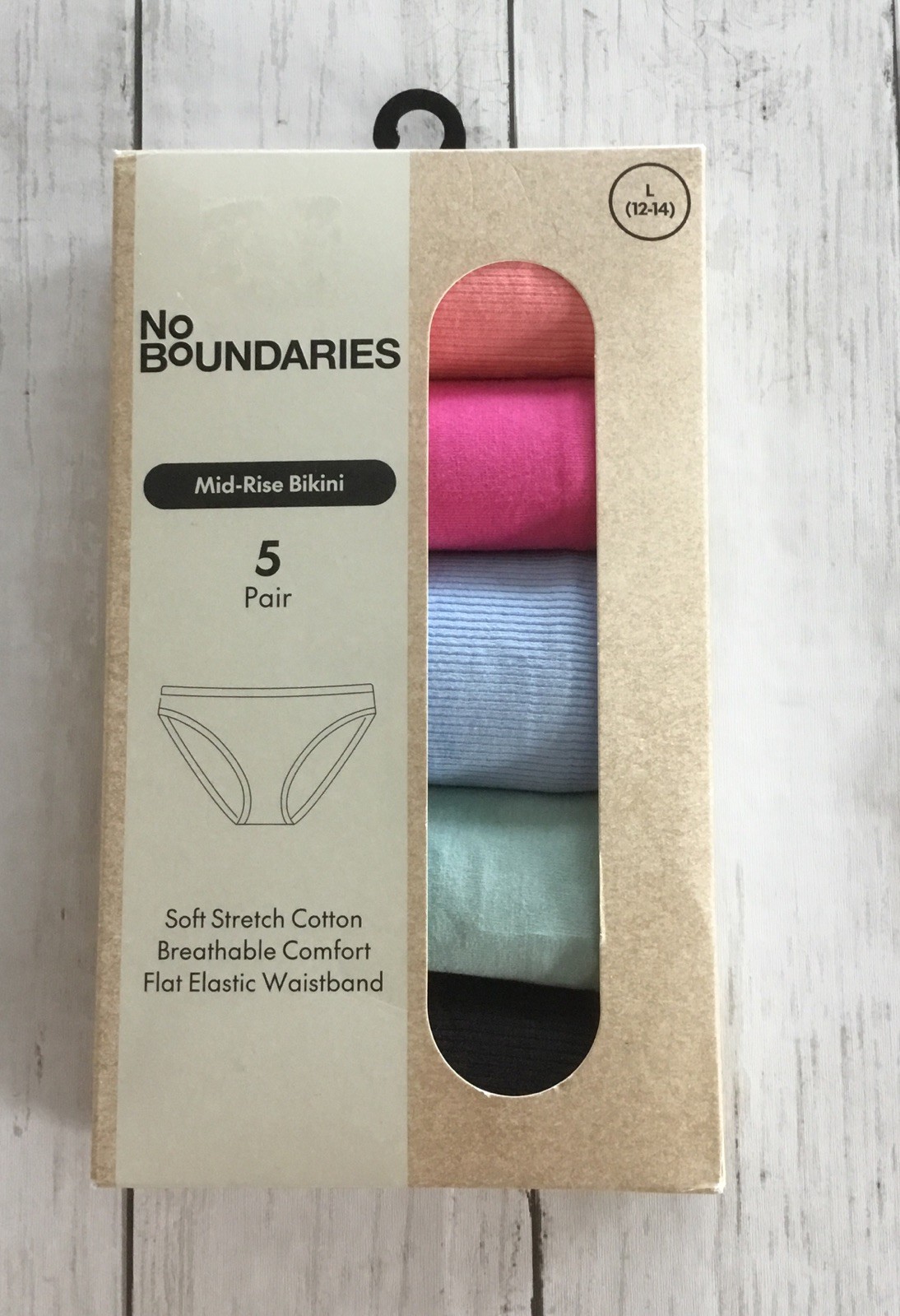 No Boundaries Women Mid Rise Bikini Panties 5 Pair Multicolor Size Large (12-14)