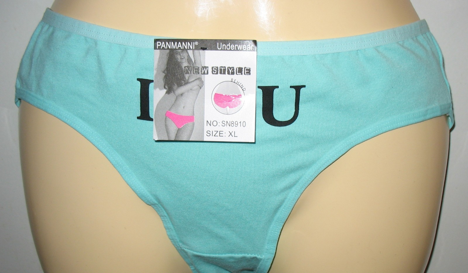PANMANNI – NEW – SIZE XL – AQUA – COTTON STRETCH PANTY ” I LOVE U ” ON FRONT