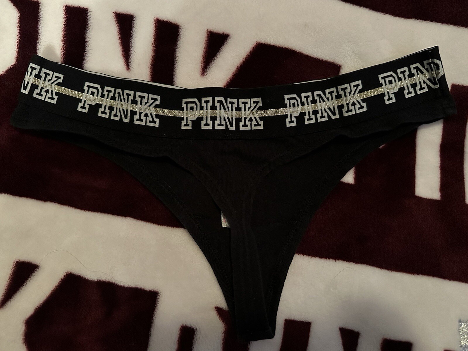 TRUE VINTAGE VICTORIA SECRET PINK LOGO THICK GLITTER WAISTBAND THONG M BLACK
