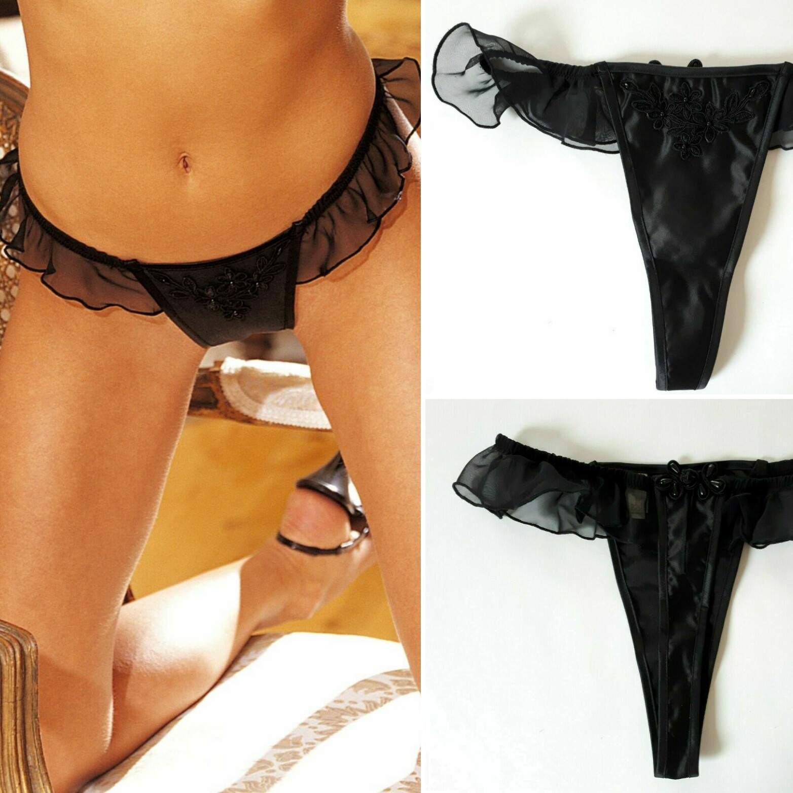 Shirley of Hollywood Black Satin Beaded Thong Women Designer Lingerie Knickers