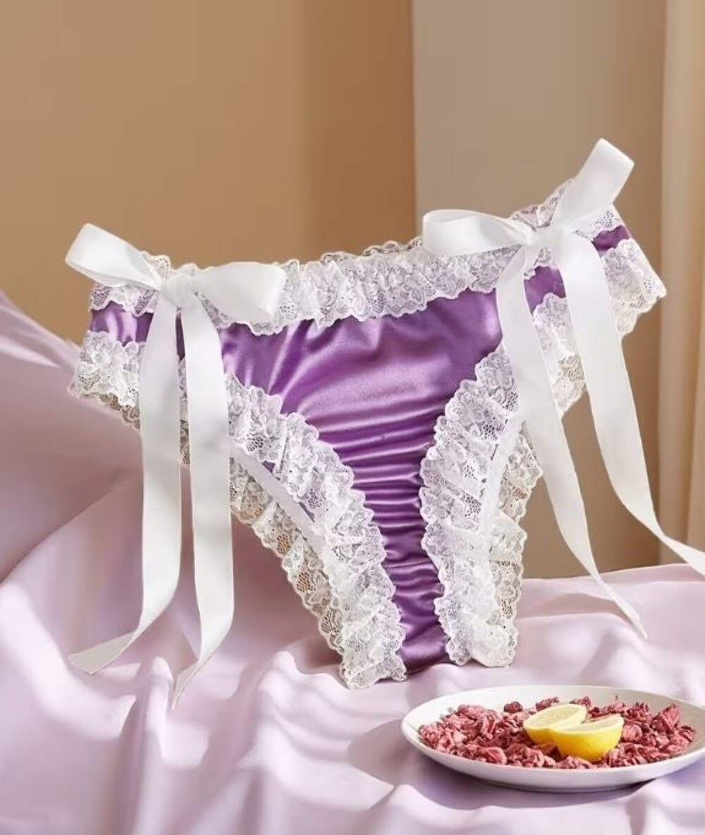 Purple Satin Lace frilly trim Knickers Bow Tie Side panties sissy size XL 16-18