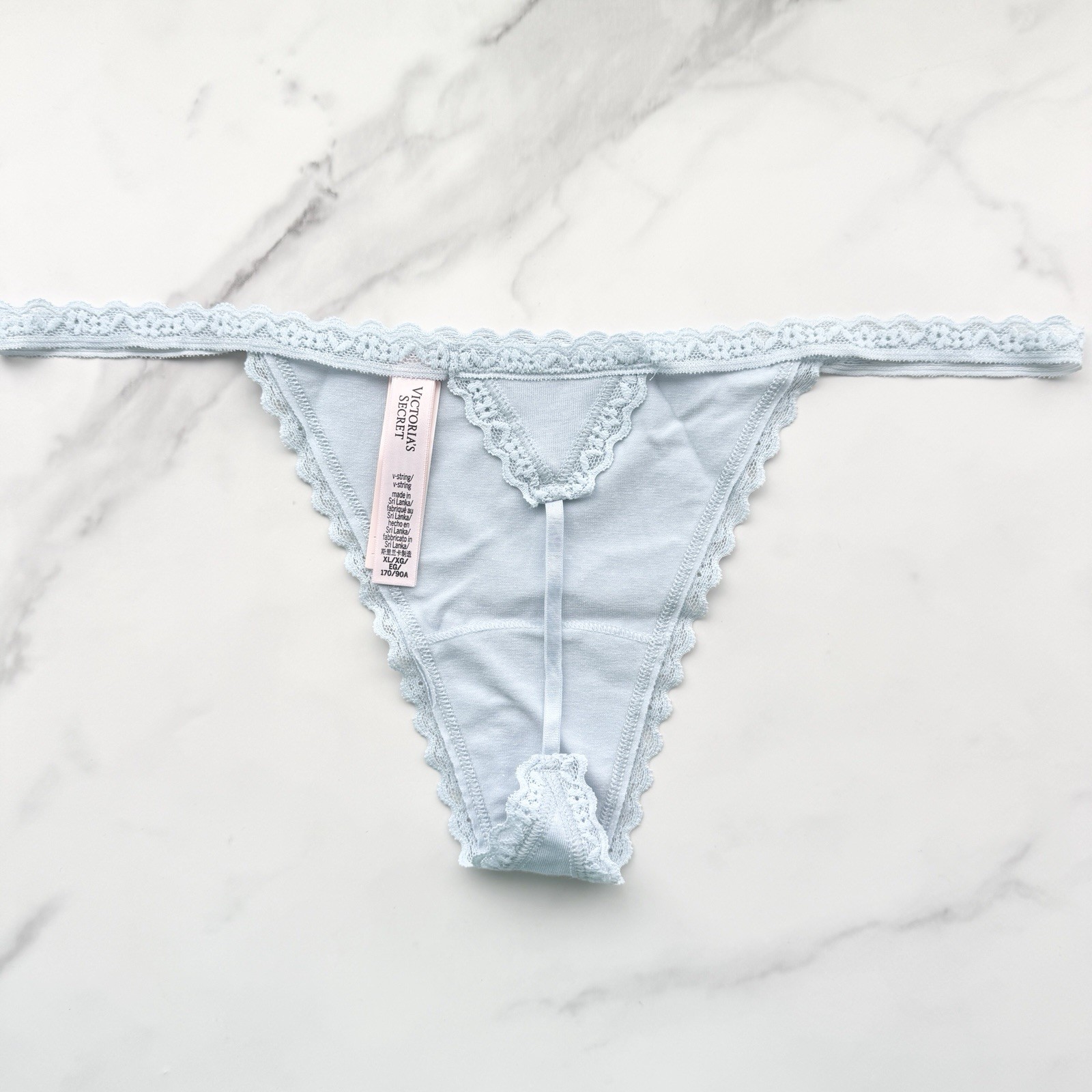 Victoria’s Secret The Lacie Lace-Trim Smooth V-String Panty Palest Blue Size XL