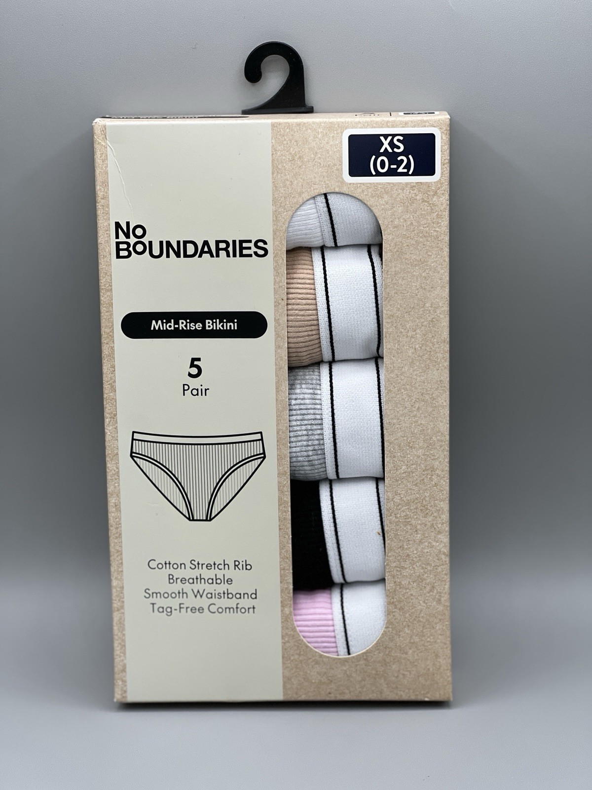 5-Pair NO BOUNDARIES Women’s Size XS (0-2) Mid-Rise Bikini Cotton Stretch Ribbed