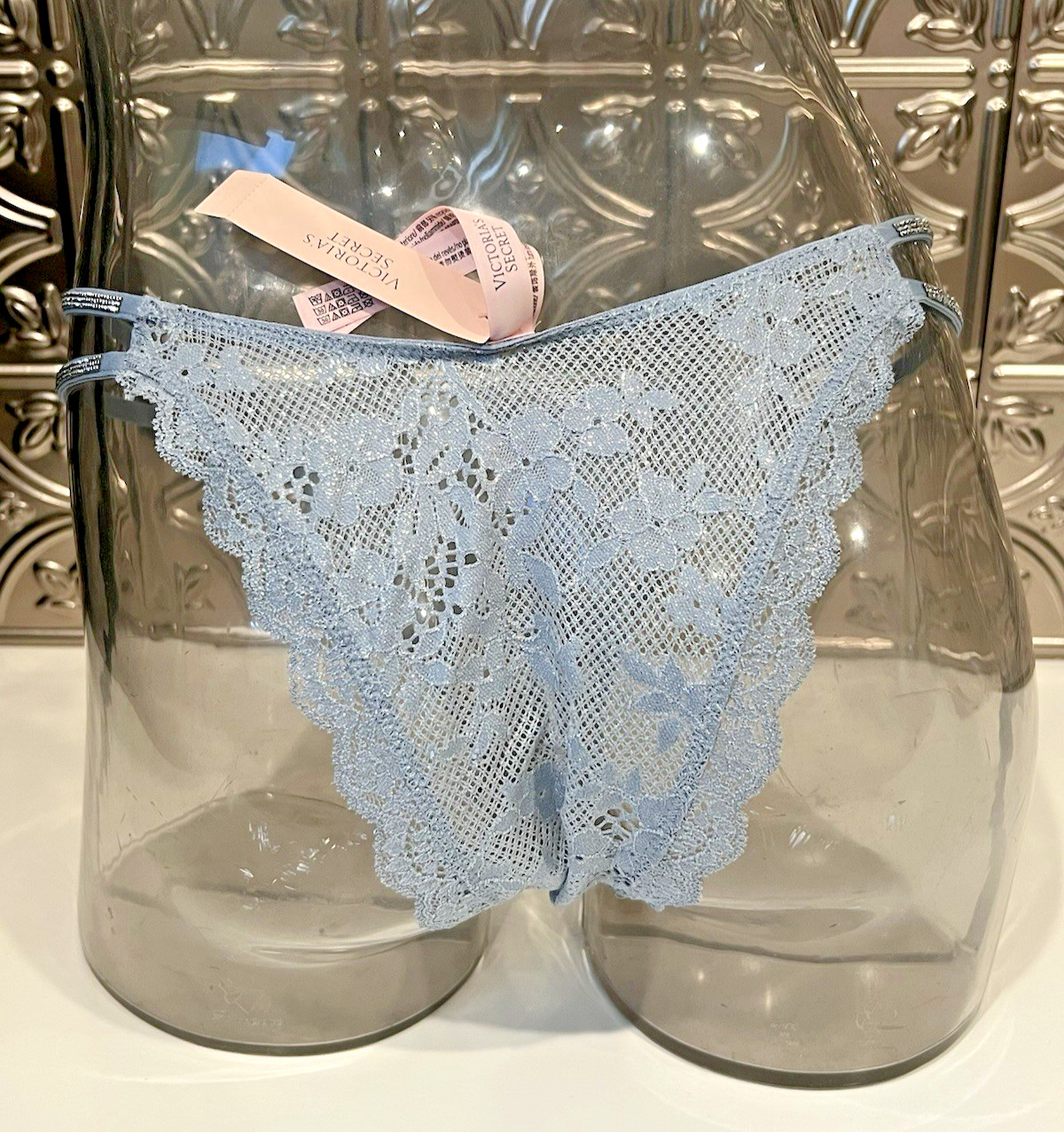 Victoria’s Secret Double Shine Strap Lace BRAZILIAN Panty Sz M BLUE GRAY NWT$24