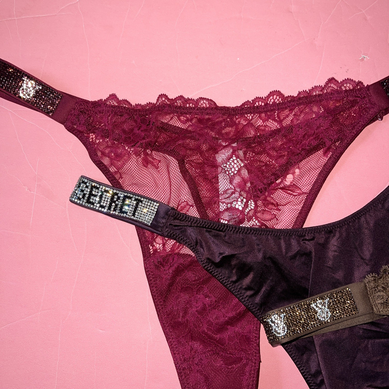 Victoria’s Secret XL THONG PANTY LOT Pink RED Green Black Brown LACE SHINE STRAP